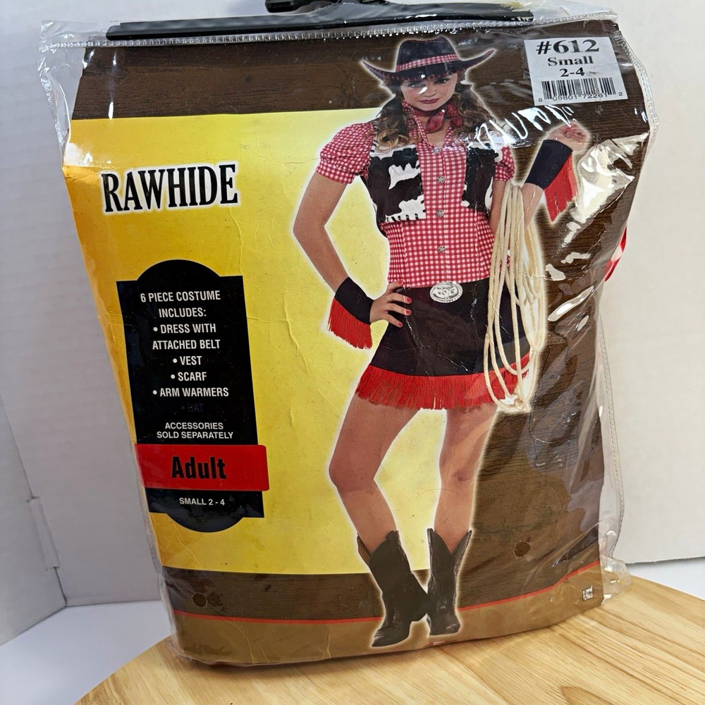 Rawhide Cowgirl Costume Set Adult S 2-4 Fringe Dress Belt Vest Scarf Arm Warmers